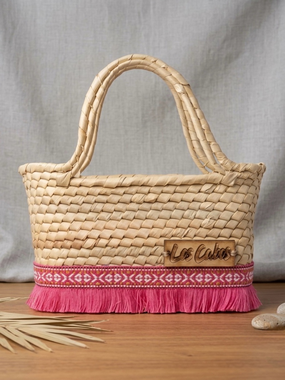 🌴2/30 Boho Fringe Pink Trim Woven Straw Mini Tote